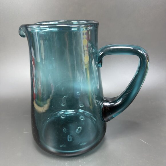 Mid Century Teal Green Art Glass Pitcher Jug Carafe Hand Blown Glassware Vintage - Picture 4 of 11